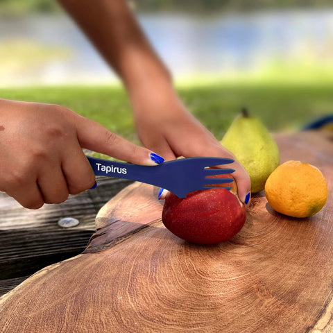 Using Four Blue Sporks To Go Set With Carrying Case 7 Inch Durable BPA Free 3 In 1 Camping Utensil Kit Spoon Fork And Serrated Knife for cutting