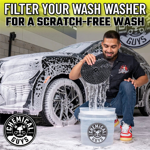 Man using Ultimate Car Wash Bucket Kit With Dirt Trap Insert, Microfiber Mitt, Soap, And Lid for Scratch Free, Swirl Free Washing.