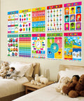 17 Poster Set For Early Education With Alphabet Numbers Time Shapes Seasons Months Emotions Weather Money Colors Opposites Five Senses Math Solar System Farm Animals On Durable PET Film Covers For Nursery And Kindergarten displayed on wall above beds