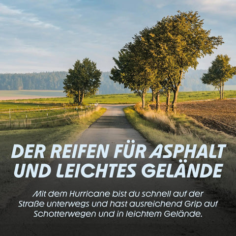 Scenic road with trees, showcasing all-round all terrain bicycle tire for MTB and e-bikes, 26 to 29 inch, wired type, ADDIX Performance.