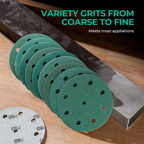 5 Inch 9 Hole 80 Grit Hook And Loop Sanding Discs displayed with coarse to fine grits, green film backing for orbital sanders