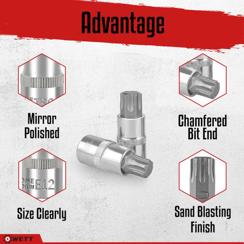 Master Torx Bit And External Torx Socket Set 60 Piece Drive showing mirror polish, chamfered end, clear size, sandblast finish.