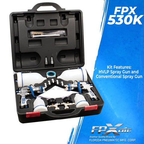 Gravity Feed HVLP Spray Gun Kit With Dual Guns, 600cc And 120cc Cups, Regulators, And Accessories For DIY Home Improvement And Auto Pro Painting, FPX-535K in case.