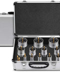 Kolvoii 14-piece carbide-tipped hole saw kit in aluminum case, front view with 2 extra pilot bits.
