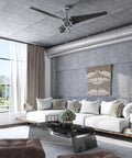 56 Inch Modern Ceiling Fan With LED Light And Pull Chain in brushed nickel, installed in a contemporary living room with gray decor.