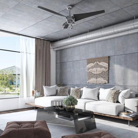 56 Inch Modern Ceiling Fan With LED Light And Pull Chain in brushed nickel, installed in a contemporary living room with gray decor.