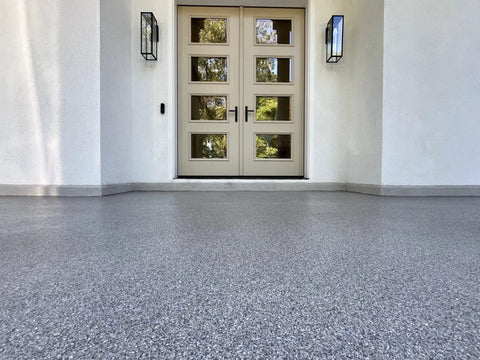 High Solids Polyaspartic Topcoat Kit 2 Gallons Clear Gloss Finish Easy 1 To 1 Mix Ratio UV Abrasion And Scratch Protection For Home And Industrial Floors Durable Smooth Application Long Lasting Shine on gray speckled concrete entry floor