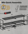 Dimensions and components of Power Tool Organizer Wall Mount With Charging Station, 7 Slot Drill Hanger, and Power Strip in diagram.
