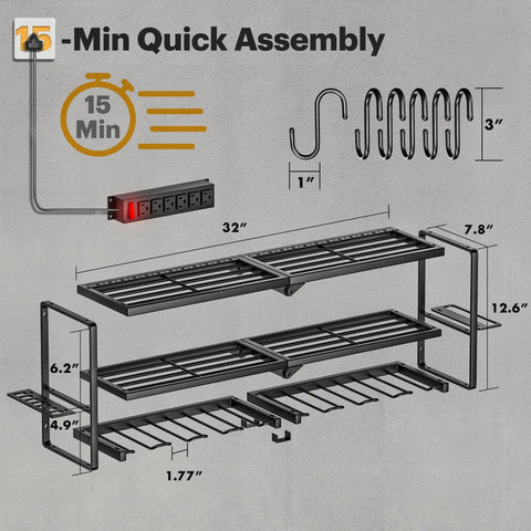 Dimensions and components of Power Tool Organizer Wall Mount With Charging Station, 7 Slot Drill Hanger, and Power Strip in diagram.