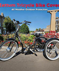 Heavy Duty 600D Tricycle Cover For Adult Trikes And 3 Wheel Bicycles, All Weather Waterproof, Dustproof And UV Resistant With Lock Hole, Universal Fit 75L x 30W x 44H For Indoor Outdoor Use, adult trike shown outdoors