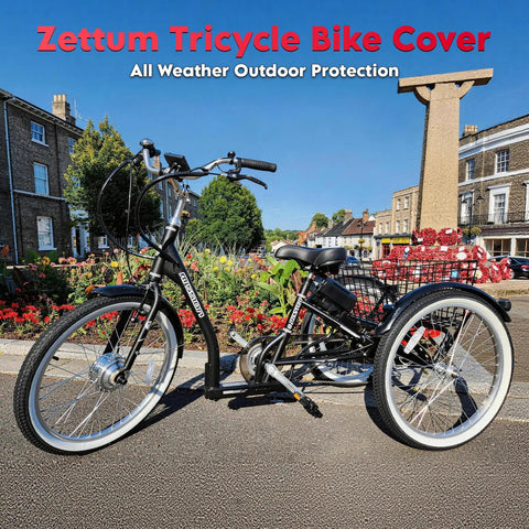 Heavy Duty 600D Tricycle Cover For Adult Trikes And 3 Wheel Bicycles, All Weather Waterproof, Dustproof And UV Resistant With Lock Hole, Universal Fit 75L x 30W x 44H For Indoor Outdoor Use, adult trike shown outdoors