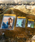 Clear Waterproof Dry Bags Set Of Three Pouches for phone, camera, maps on rocks by water, frosted PVC, yellow closure