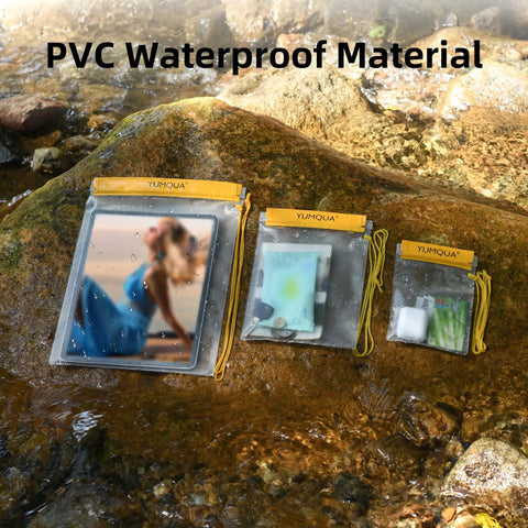 Clear Waterproof Dry Bags Set Of Three Pouches for phone, camera, maps on rocks by water, frosted PVC, yellow closure
