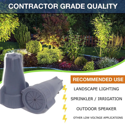 Heavy Duty Waterproof Wire Connectors 6-22 AWG Large Pack for Landscape Lighting and Irrigation shown near garden at night