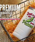 Pickle Girl Vibes 20 Oz Insulated Stainless Steel Travel Tumbler With Secure Lid Best Gift For Her in a basket with festive fill.