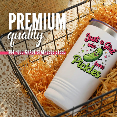 Pickle Girl Vibes 20 Oz Insulated Stainless Steel Travel Tumbler With Secure Lid Best Gift For Her in a basket with festive fill.