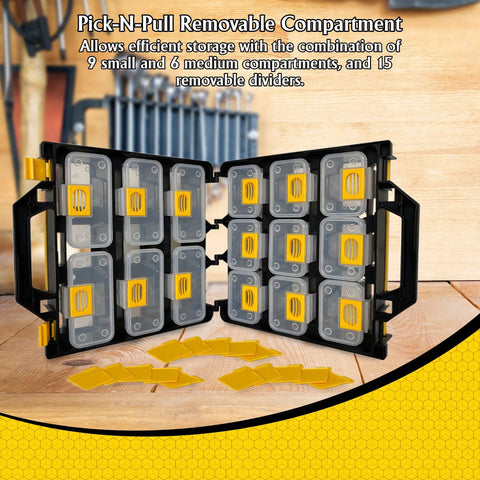 Open hardware tackle box with removable compartment organizer reversible carrying case for screws nuts bolts EZ clip compartments