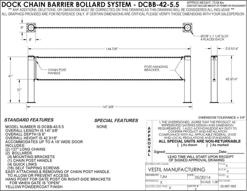Built Like A Tank Bright Yellow Heavy Duty Steel Dock Chain Barrier Bollard With Adjustable 21 And 39 Inch Heights For Rugged Warehouse Safety Plus Solid Perimeter Guard technical drawing showing dimensions and components.