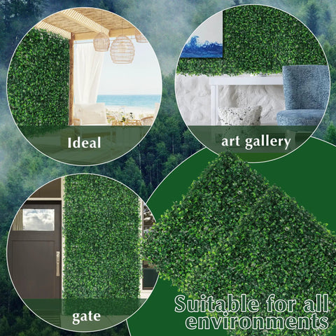 Collage showing 24 Pack 20x20 Inches Artificial Boxwood Panels for privacy hedge screen in various settings