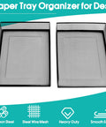 Wire Mesh Letter Trays Desk File Organizer Two Pack Front Load Document Trays for office supplies on blue background