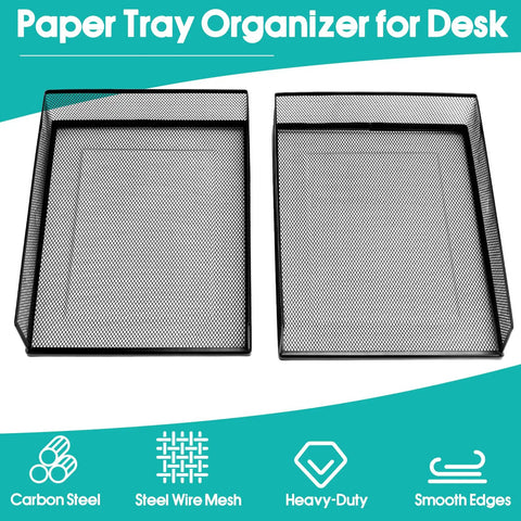 Wire Mesh Letter Trays Desk File Organizer Two Pack Front Load Document Trays for office supplies on blue background
