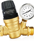 Renator RV water pressure regulator with gauge, brass finish, M22-0660R, front view