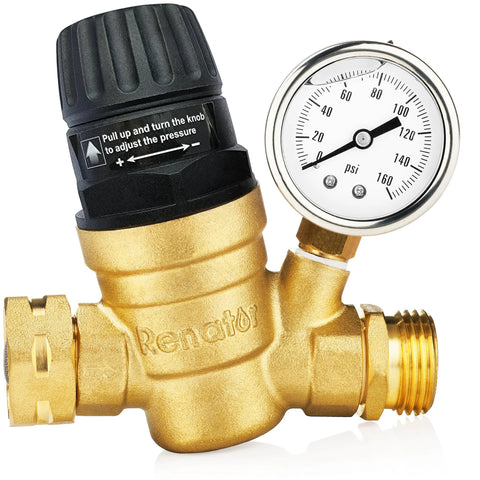 Renator RV water pressure regulator with gauge, brass finish, M22-0660R, front view