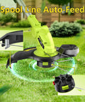 Cordless 20V Weed Wacker String Trimmer And Edger 2 In 1 with wheel on grass showing spool line auto-feed feature