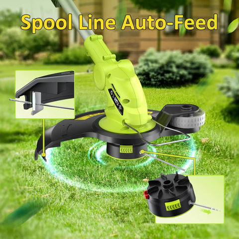 Cordless 20V Weed Wacker String Trimmer And Edger 2 In 1 with wheel on grass showing spool line auto-feed feature