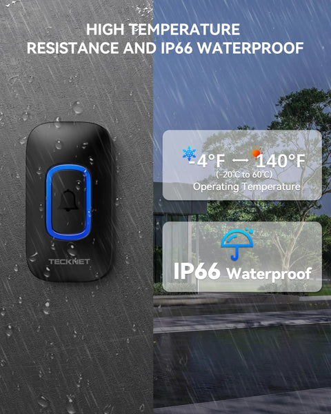 Ultra Long Range 1300 Feet Wireless Doorbell With RGB Alarm Lighting, Battery Powered, IP66 Waterproof, 60 Plus Chimes, 5 Level Volume, Portable Receiver For Home Office Classroom And Business, 4.5 Year Battery Life. IP66 wall-mounted doorbell in rain