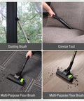 No Nonsense Commercial Grade Backpack Vacuum With Ergonomic Harness And Kickass 1200 Watt Motor For Easy Cleanups On Carpets Or Hard Floors, featuring dusting brush, crevice tool, and multi-purpose floor brush.