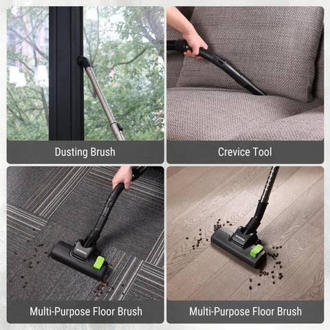 No Nonsense Commercial Grade Backpack Vacuum With Ergonomic Harness And Kickass 1200 Watt Motor For Easy Cleanups On Carpets Or Hard Floors, featuring dusting brush, crevice tool, and multi-purpose floor brush.