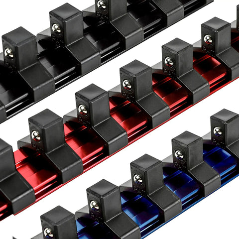 3/8-Inch Drive Aluminum Socket Rail Set With Locking End Caps Holds 10 Sockets Per Rail Includes Red Blue And Black Rails Lightweight