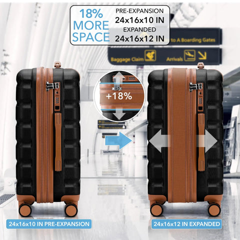 Expandable Hardside Carry On Luggage With USB C, TSA Lock, Quiet Dual Spinner Wheels, 24 By 16 By 10 Inches Expandable To 24 By 16 By 12, 58 Liter Capacity, Lightweight Under 6 Pounds, Maximum Overhead Carry On, Virgin South West Approved, Black Tan shown before and after expansion