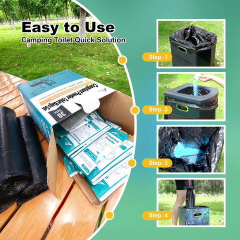 Portable Camp Toilet Kit with 30 Pack Absorbent Gel Pellets and 30 Drawstring Bags shown in use outdoors
