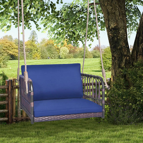 Cozy Navy Rattan Patio Swing Chair For One With Cushions, Heavy Duty Metal Frame And Sturdy Hanging Ropes in outdoor setting