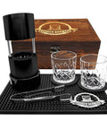 Ice Press Kit For Craft Cocktails To Level Up Your Home Bar With 2.3 Inch Sphere Ice Maker, Aircraft Grade Aluminum Press, Includes Ice Mold, Tongs, Two Whiskey Glasses, Bar Mat, Leather Coasters, American Owned And Operated displayed on a bar mat