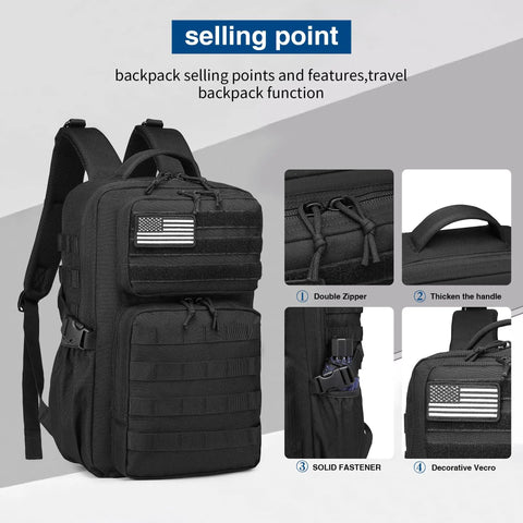 Rugged Military Tactical Backpack For Men Waterproof Daypack 25L 30L 35L 45L Molle Assault Bag showing features like zippers and handle.