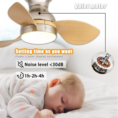 22 Inch Ceiling Fan With Lights And Remote Control, Low Profile Flush Mount with 3 Wood Grain Blades, Quiet Motor in Brushed Nickel