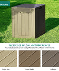 31 Gallon Outdoor Storage Deck Box With Lockable Lid, Waterproof Resin Construction, taupe color in a garden setting