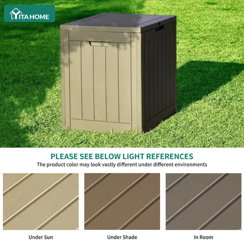 31 Gallon Outdoor Storage Deck Box With Lockable Lid, Waterproof Resin Construction, taupe color in a garden setting