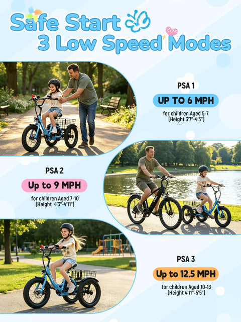 Kid Electric Tricycle With Three Wheels For Stability Fat 16x3 Tires 500W Peak Motor 378Wh Battery Top Speed 12.5 MPH Foldable Frame Beginner Friendly For Kids Ages 6 Plus Blue For Outdoors with 3 low speed modes