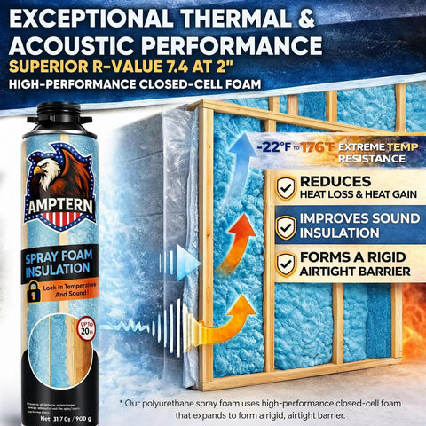 Heavy Duty Closed Cell Spray Foam Insulation Kit, 12 Pack Covers 240 Board Feet, Pro Level Thermal And Soundproofing Sealant With Ready To Roll Diy Spray Rig And Full Safety Gear, showcasing R-Value and insulation detail.