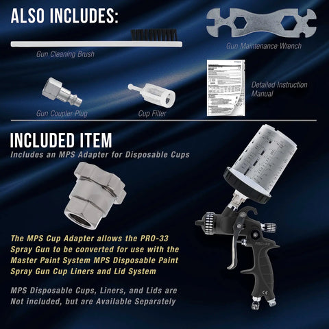 Pro Gear HVLP Spray Gun Total Package With Three Swap Out Nozzle Kits Large Aluminum Cup and Quick Change Tips includes gun cleaning brush and coupler plug.