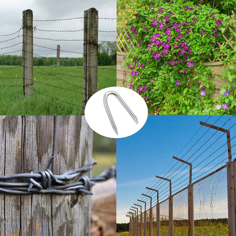 Steel Wire Fencing Staples 200 Pcs Galvanized U Shaped Fasteners Nails For Wire Mesh And Woven Fencing in use on wooden posts