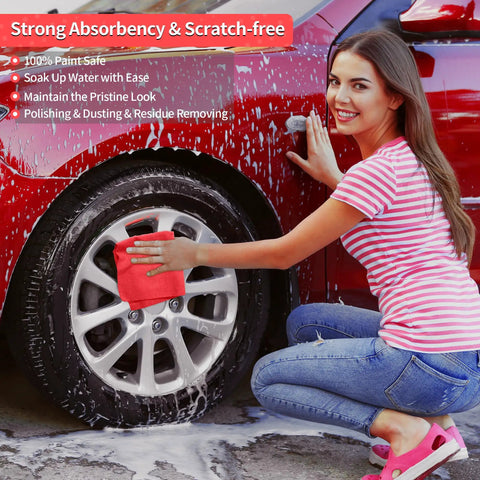 Woman using Bulk 100 Pack Microfiber Shop Towels 11.5 By 11.5 Inches Red Lint Free Non Scratch Paint Safe Cleaning Rags on car wheel