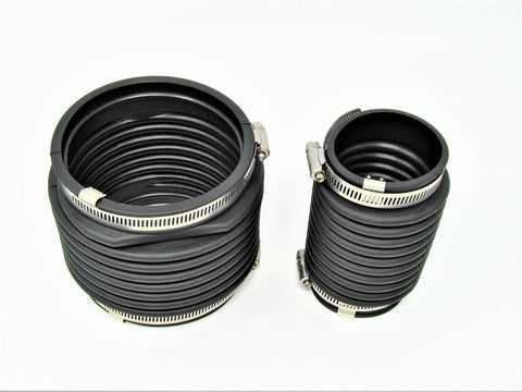 Two marine exhaust bellows hoses with stainless clamps, large and small diameters