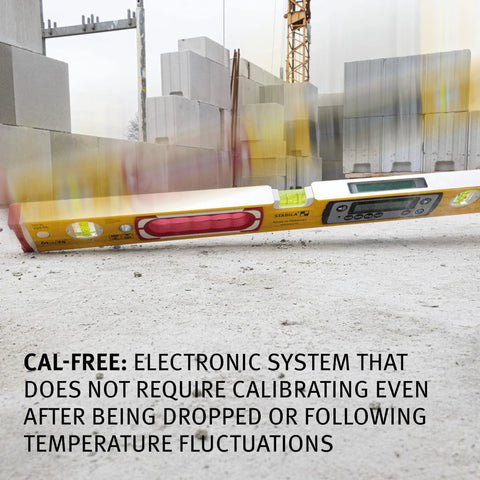 Kickass Heavy Duty Yellow Digital Spirit Level With Blazing Illuminated Readouts And Snappy Acoustic Guidance For Quick Precision Squaring on construction site.