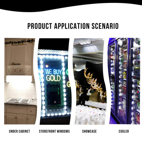 Product application scenarios for Ultra Bright 60ft LED Light Kit With Pure White 5630 Modules, under cabinet, storefront, showcase, cooler.