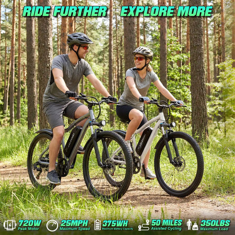 Ride Ready Adult Electric Bike 26 Inch Commuter With Crisp Seven Speed Shifting Zero Sweat 720W Peak Motor For Rough Roads Lightweight Ebike With Removable Battery And Long Weekend Range In Gray, riders on a forest trail.